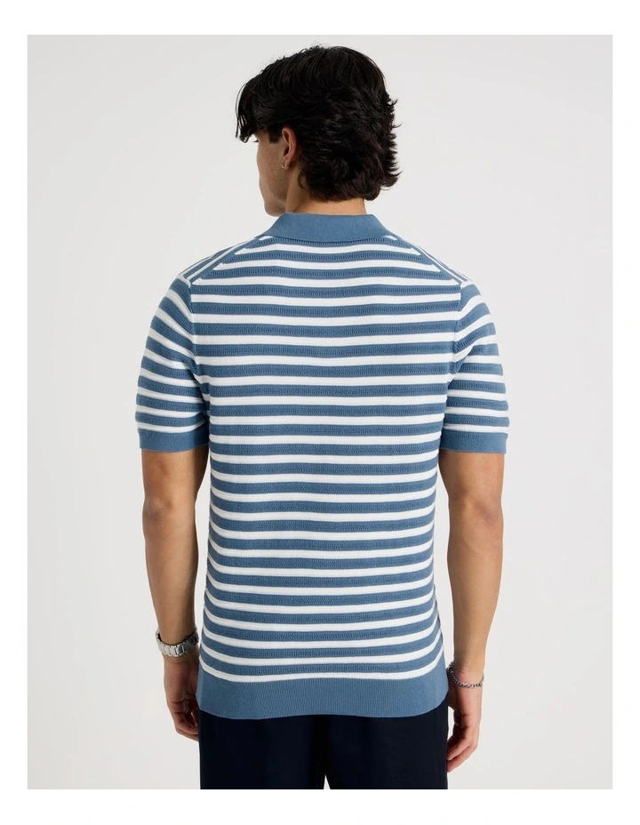 Stripe Open Collar Knit Polo in Mid Blues image 6