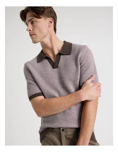 Geo Stitch Open Collar Knit Polo in Chocolate