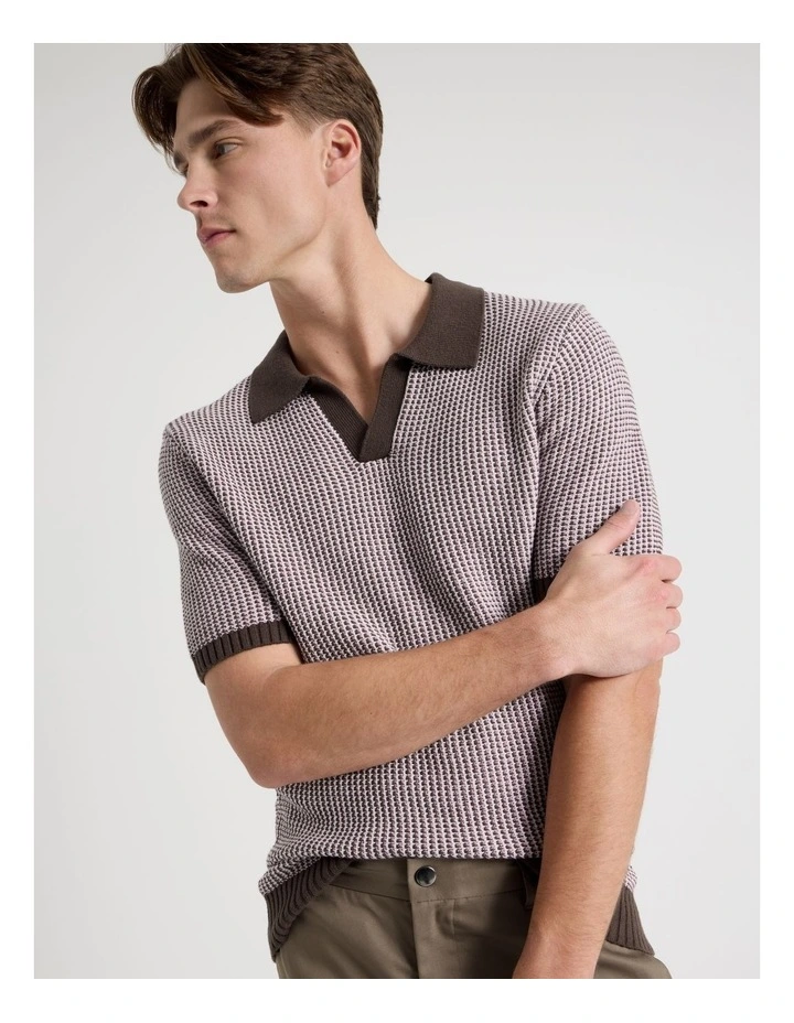 Geo Stitch Open Collar Knit Polo in Chocolate image 1