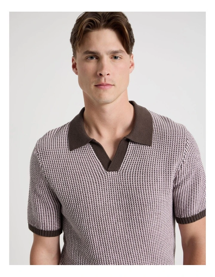 Geo Stitch Open Collar Knit Polo in Chocolate image 2