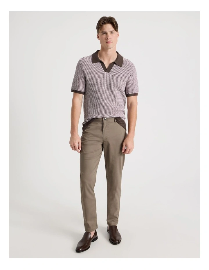 Geo Stitch Open Collar Knit Polo in Chocolate image 3