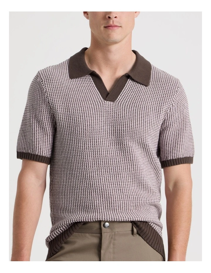 Geo Stitch Open Collar Knit Polo in Chocolate image 4