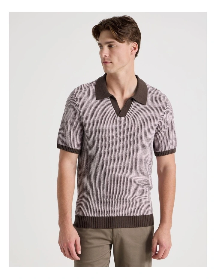 Geo Stitch Open Collar Knit Polo in Chocolate image 5