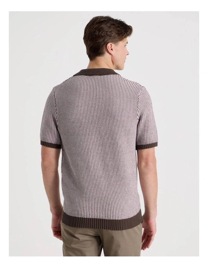 Geo Stitch Open Collar Knit Polo in Chocolate image 6