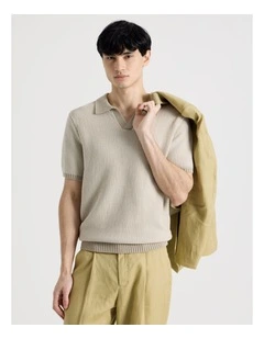 Geo Stitch Open Collar Knit Polo in Stone