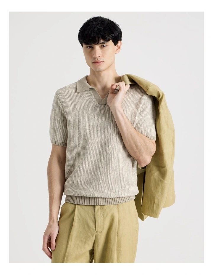 Geo Stitch Open Collar Knit Polo in Stone image 1