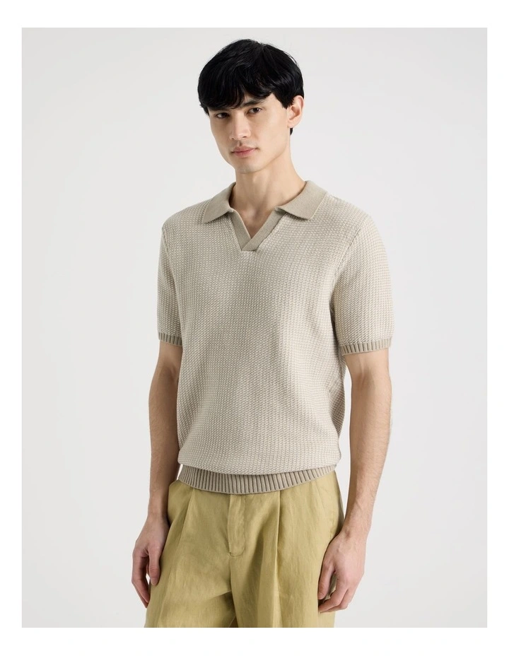 Geo Stitch Open Collar Knit Polo in Stone image 3