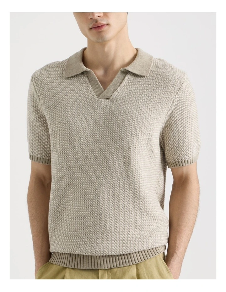 Geo Stitch Open Collar Knit Polo in Stone image 4