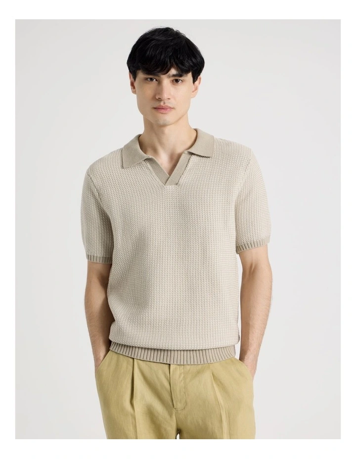 Geo Stitch Open Collar Knit Polo in Stone image 5