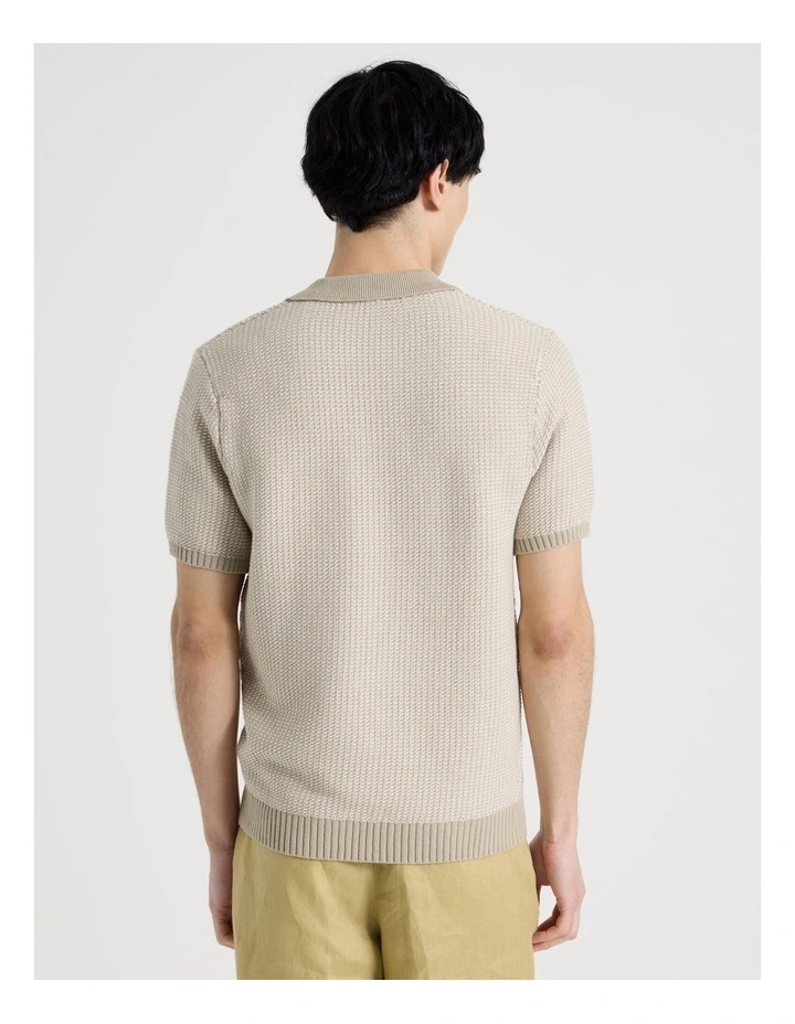 Geo Stitch Open Collar Knit Polo in Stone image 6