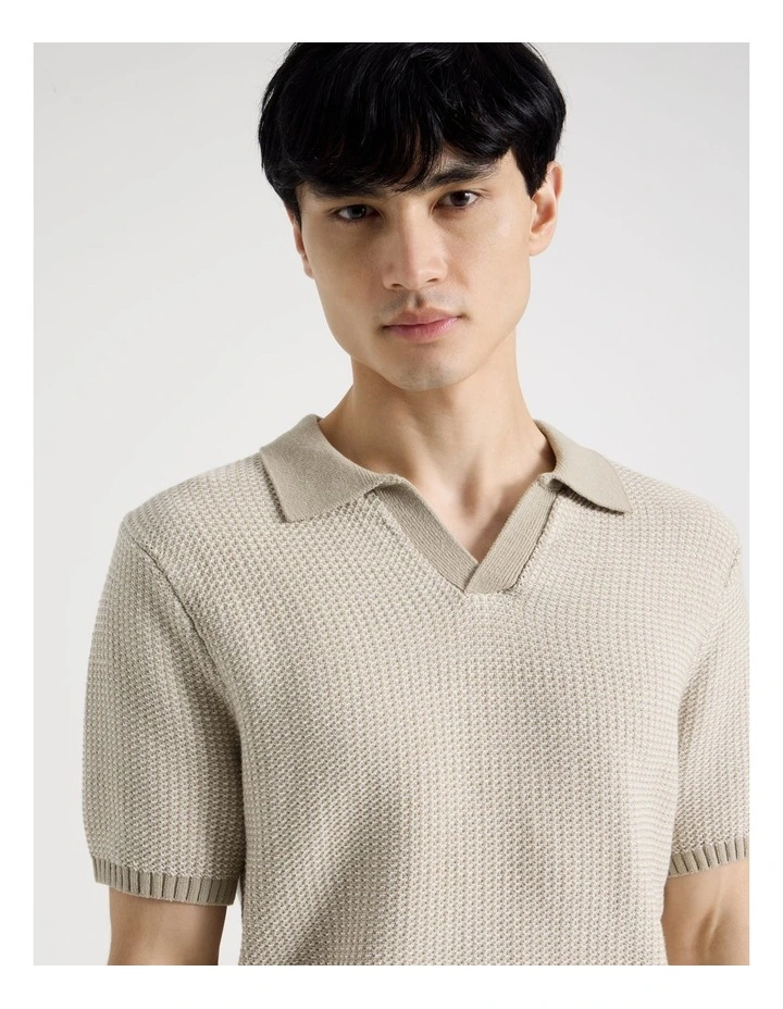 Geo Stitch Open Collar Knit Polo in Stone image 7