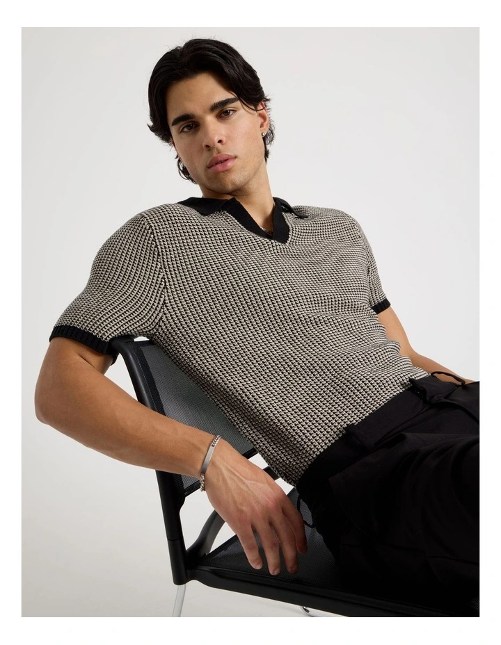 Geo Stitch Open Collar Knit Polo in Black image 2