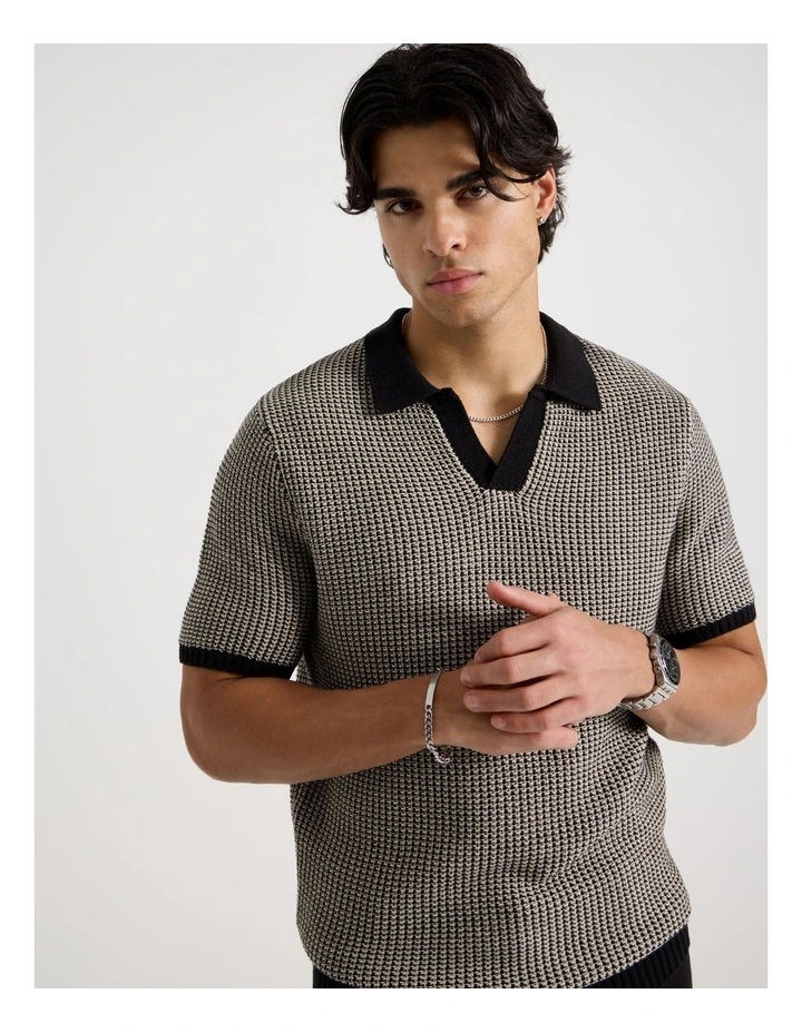 Geo Stitch Open Collar Knit Polo in Black image 3
