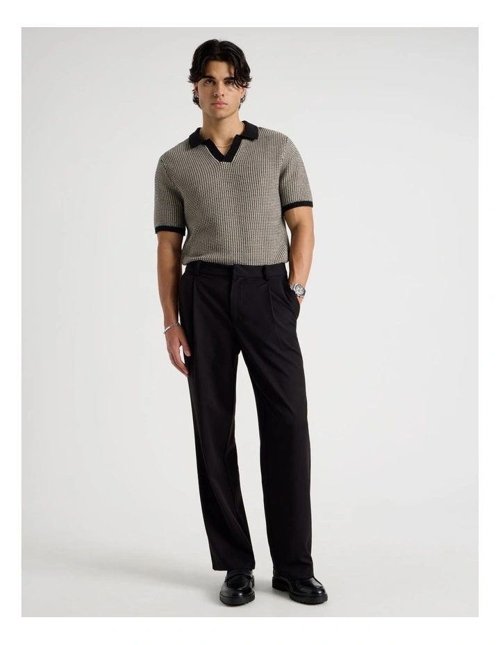 Geo Stitch Open Collar Knit Polo in Black image 4