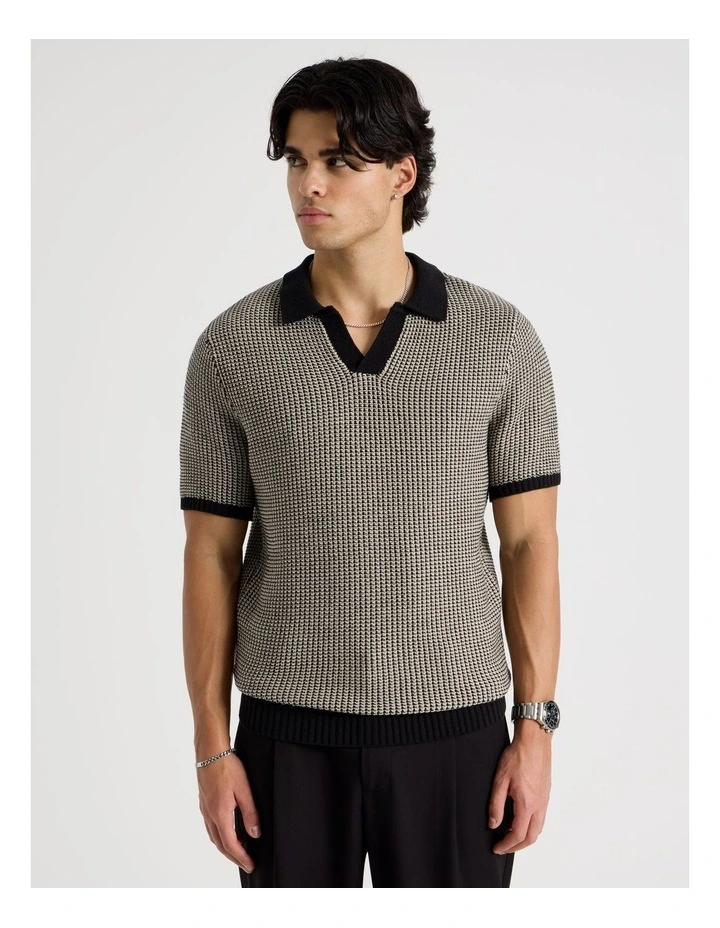 Geo Stitch Open Collar Knit Polo in Black image 5