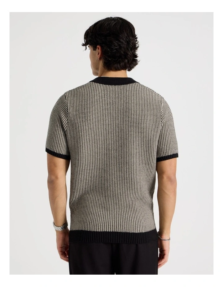 Geo Stitch Open Collar Knit Polo in Black image 6