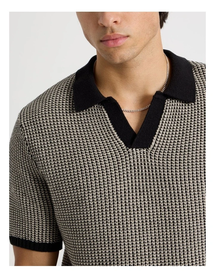 Geo Stitch Open Collar Knit Polo in Black image 7
