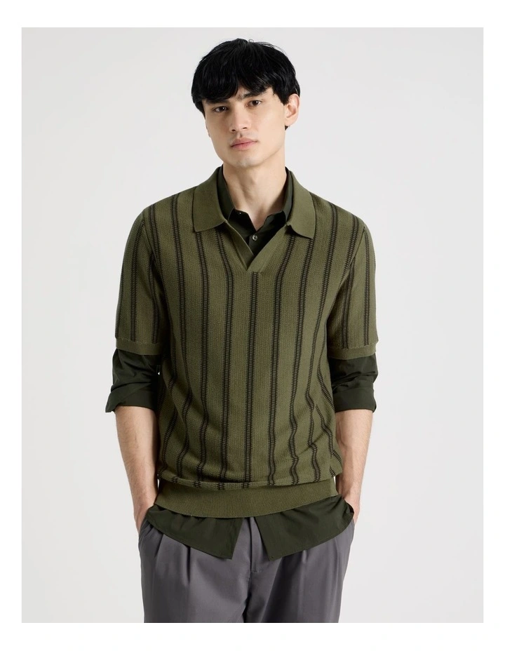 Textured Stripe Open Collar Polo in Khaki image 1