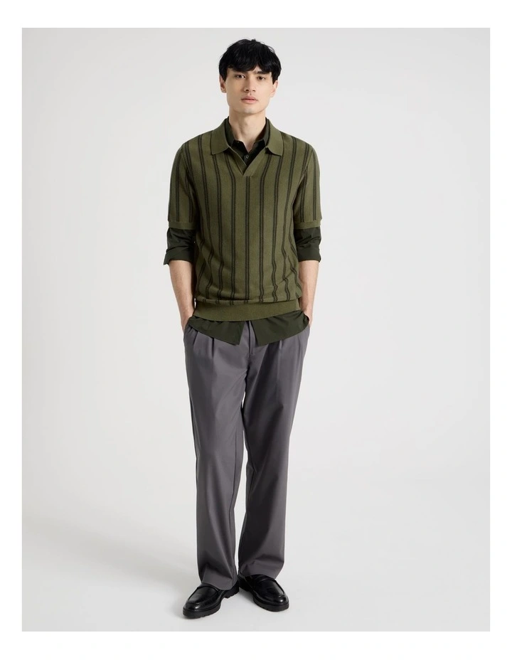 Textured Stripe Open Collar Polo in Khaki image 2