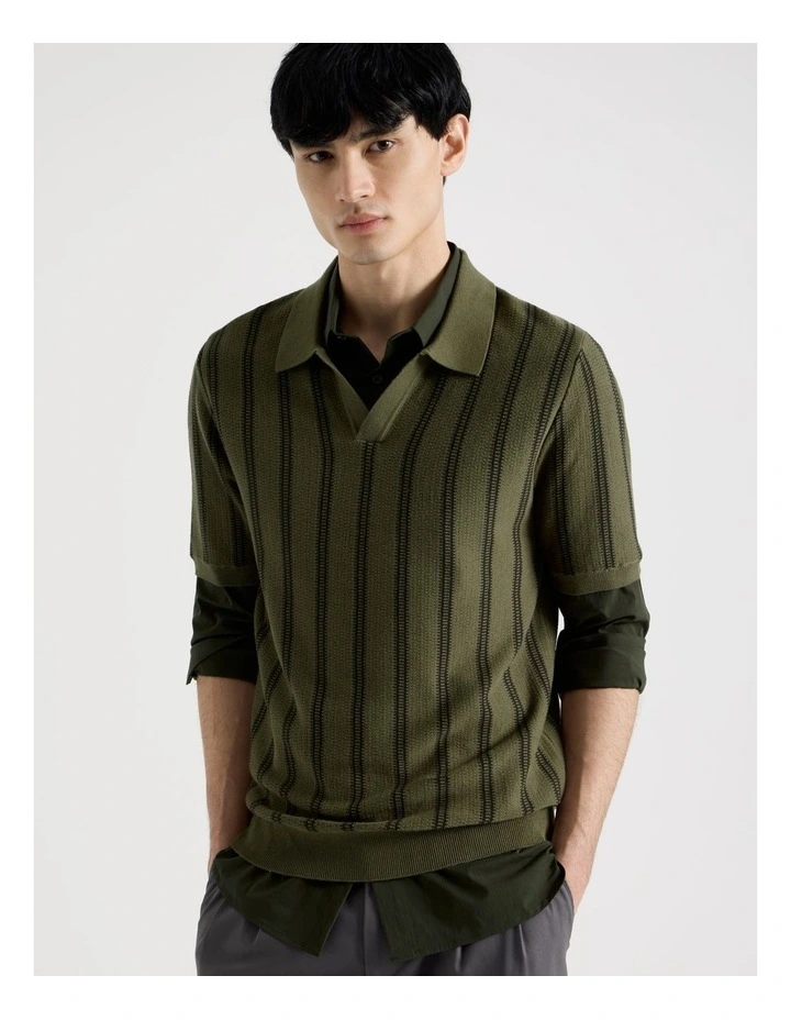 Textured Stripe Open Collar Polo in Khaki image 3
