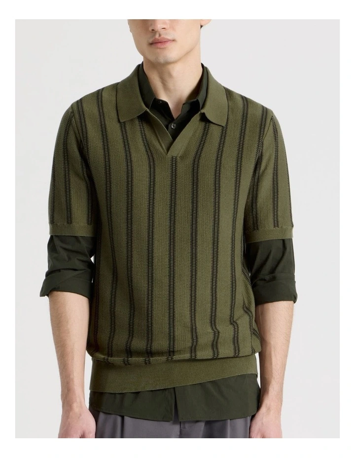 Textured Stripe Open Collar Polo in Khaki image 4