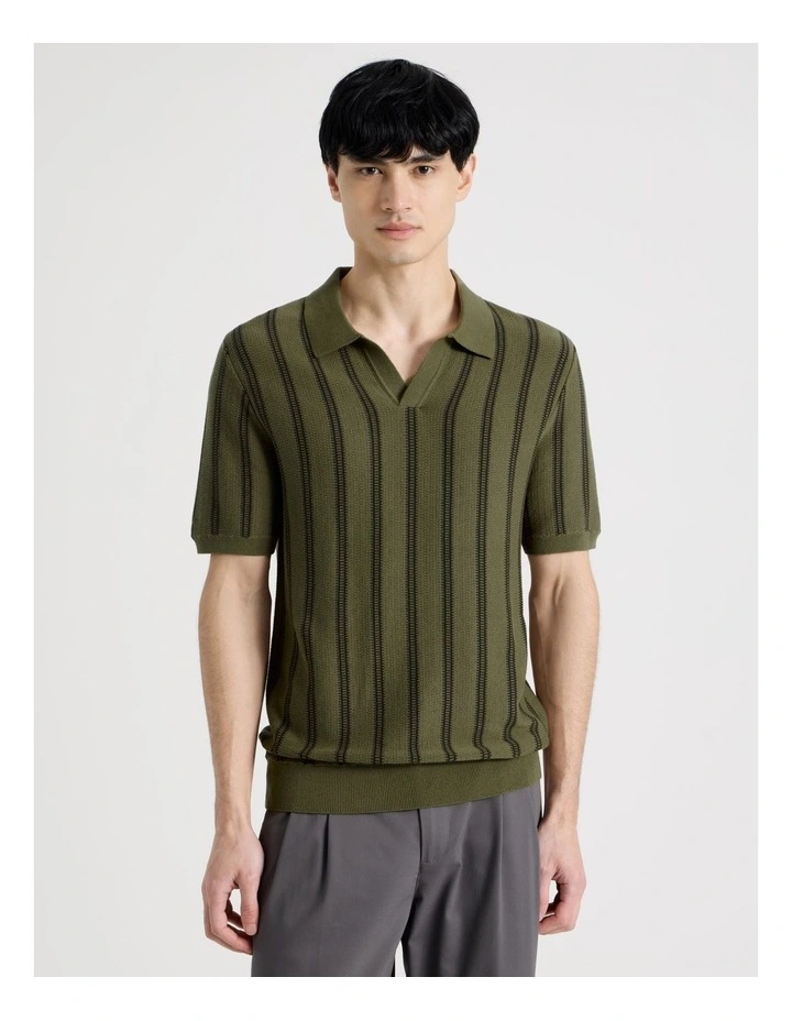 Textured Stripe Open Collar Polo in Khaki image 5