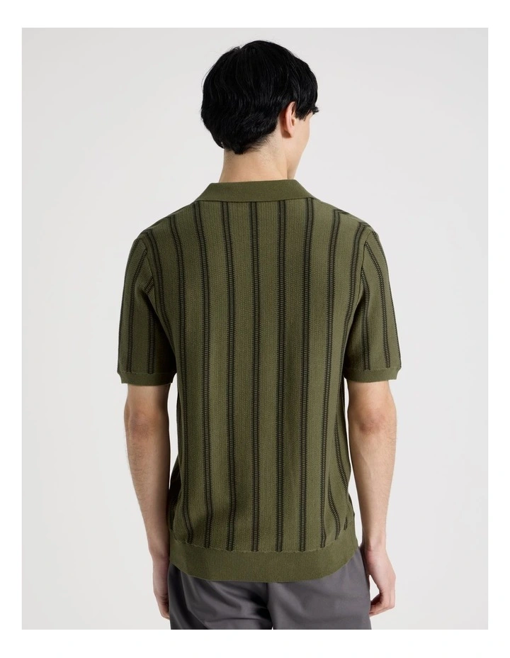 Textured Stripe Open Collar Polo in Khaki image 6