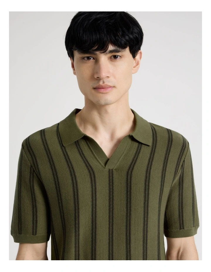 Textured Stripe Open Collar Polo in Khaki image 7