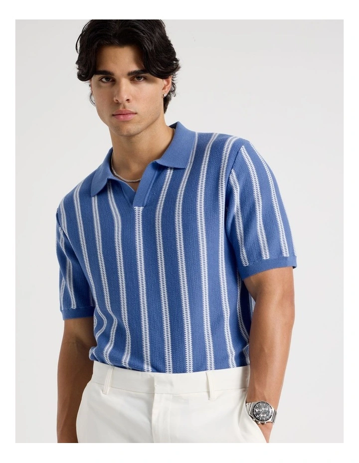 Textured Stripe Open Collar Polo in Blue image 1