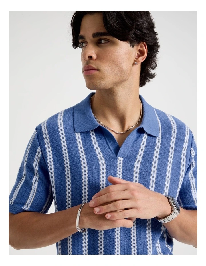 Textured Stripe Open Collar Polo in Blue image 3