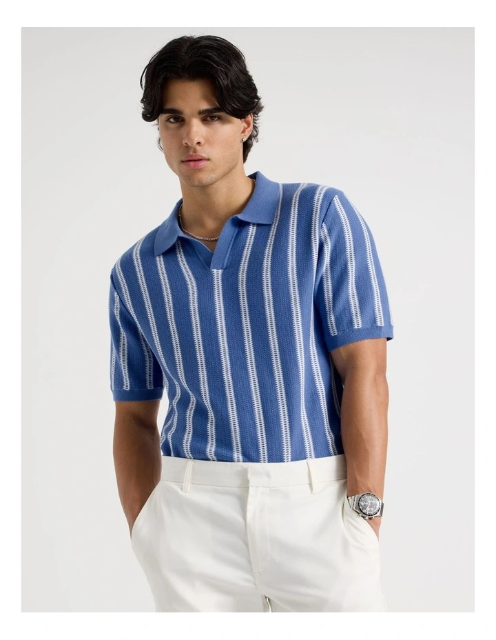 Textured Stripe Open Collar Polo in Blue image 4