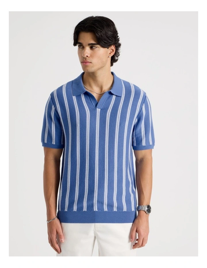 Textured Stripe Open Collar Polo in Blue image 5