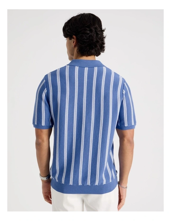Textured Stripe Open Collar Polo in Blue image 6