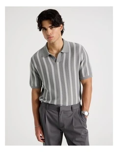 Textured Stripe Open Collar Polo in Grey