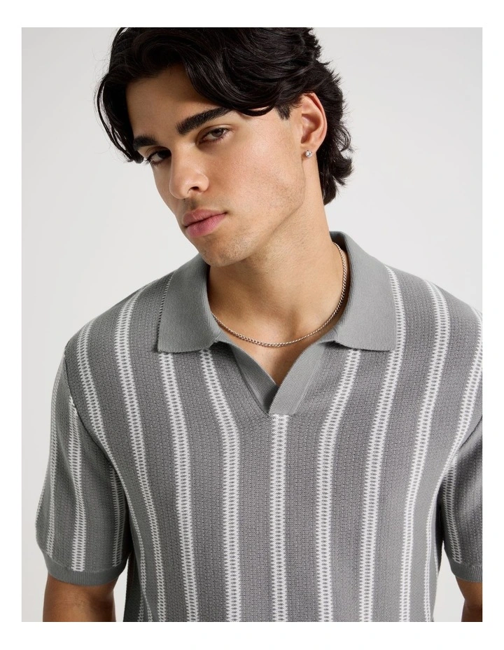Textured Stripe Open Collar Polo in Grey image 2