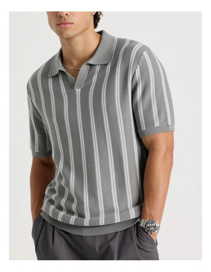 Textured Stripe Open Collar Polo in Grey image 4