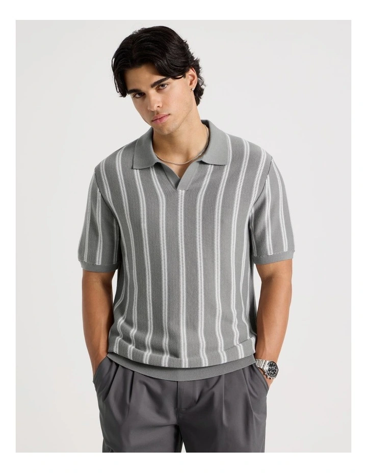 Textured Stripe Open Collar Polo in Grey image 5