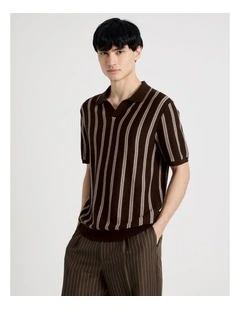 Textured Stripe Open Collar Polo in Chocolate
