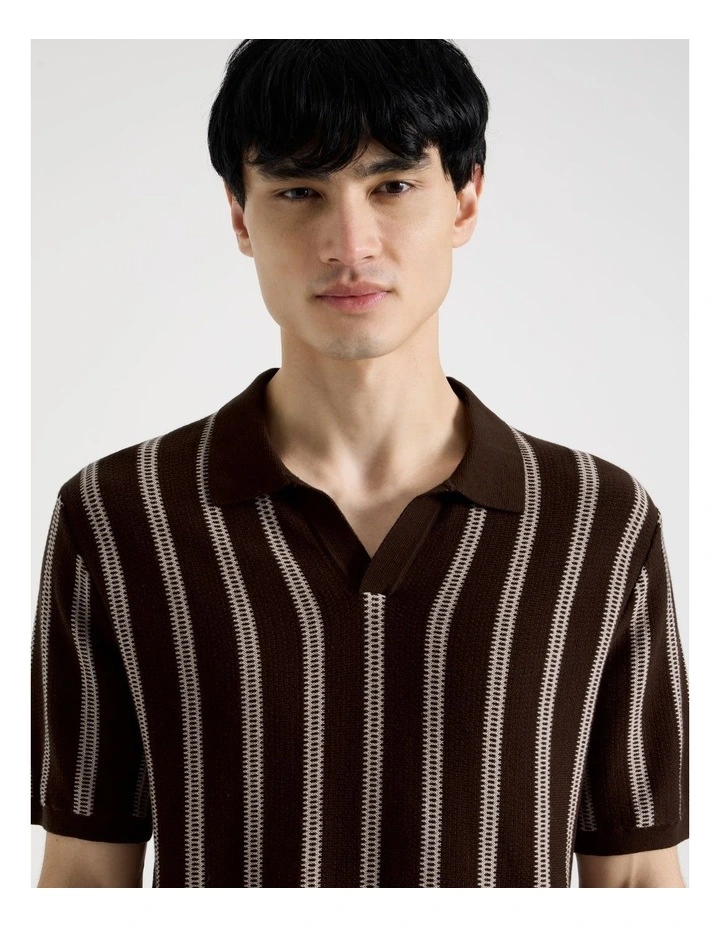 Textured Stripe Open Collar Polo in Chocolate image 3