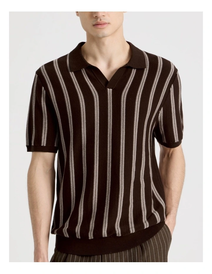 Textured Stripe Open Collar Polo in Chocolate image 4