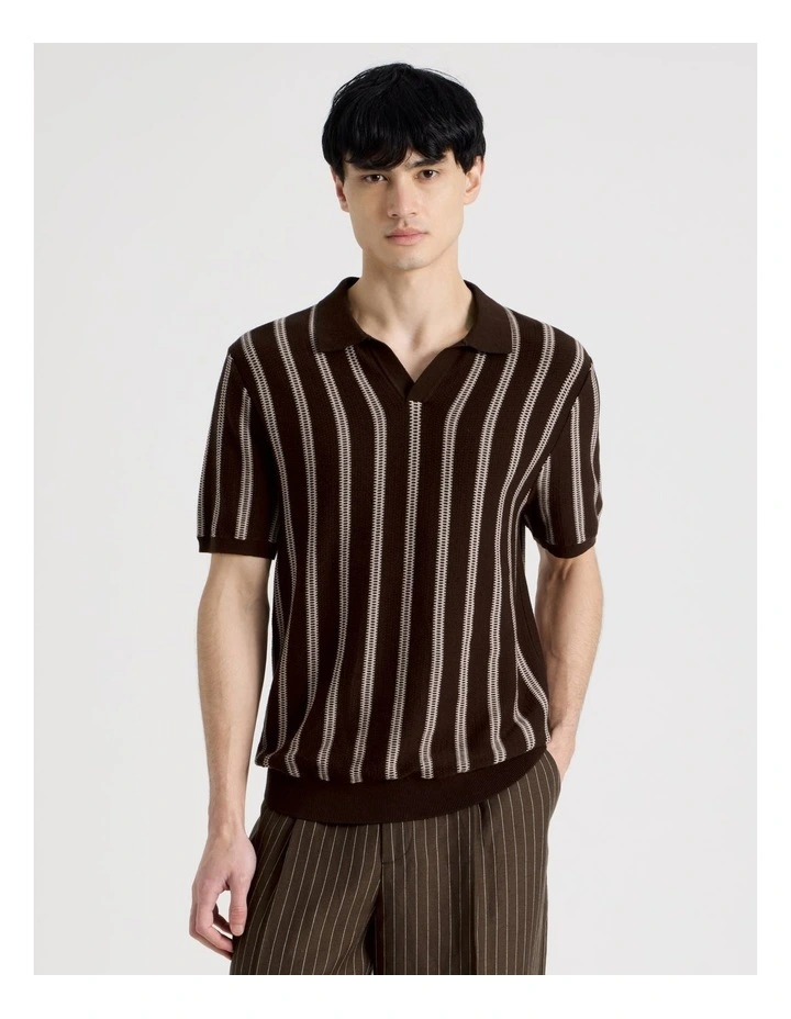 Textured Stripe Open Collar Polo in Chocolate image 5