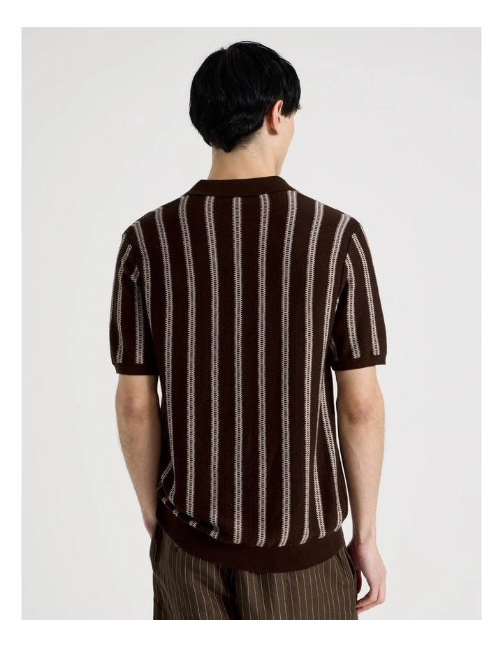 Textured Stripe Open Collar Polo in Chocolate image 6