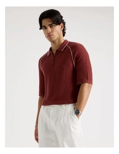 Seam Detail Zip Polo in Rust