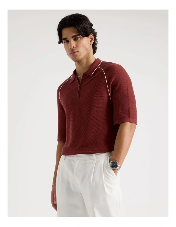 Seam Detail Zip Polo in Rust image 1