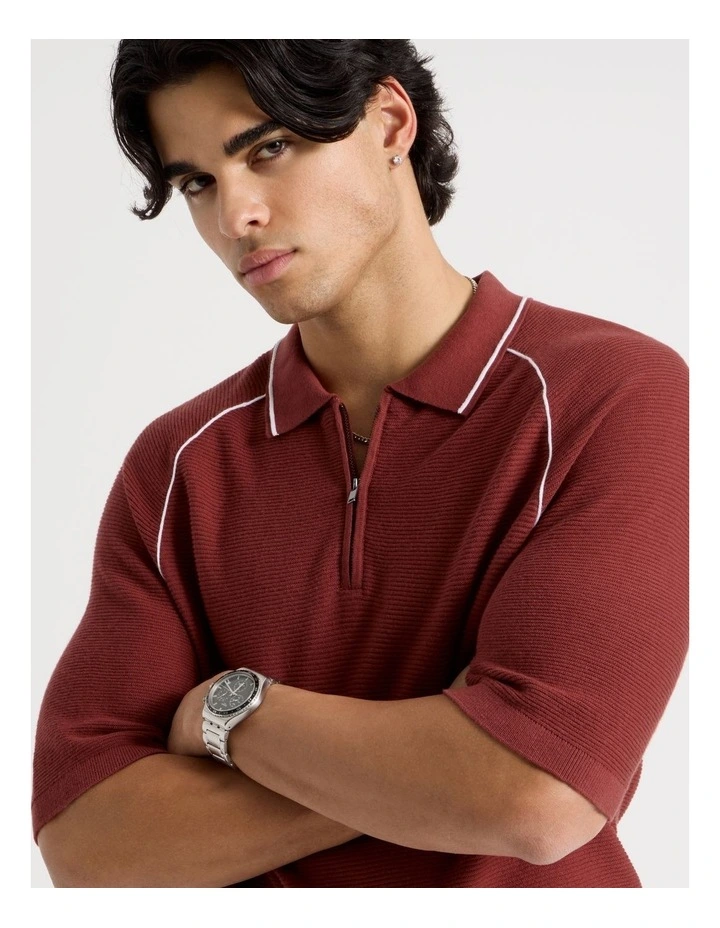Seam Detail Zip Polo in Rust image 3