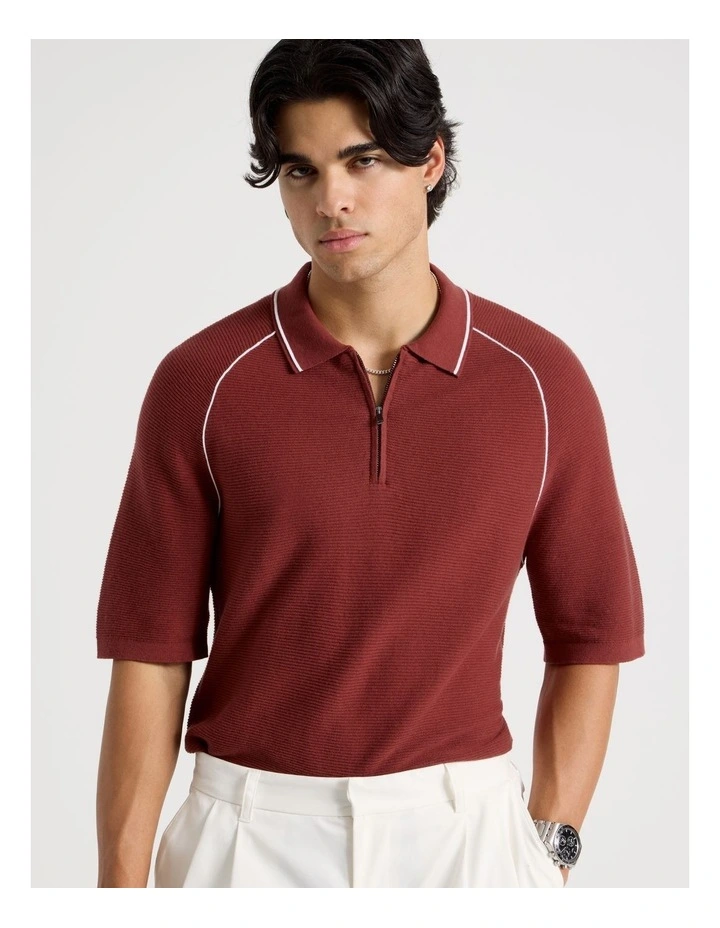 Seam Detail Zip Polo in Rust image 4