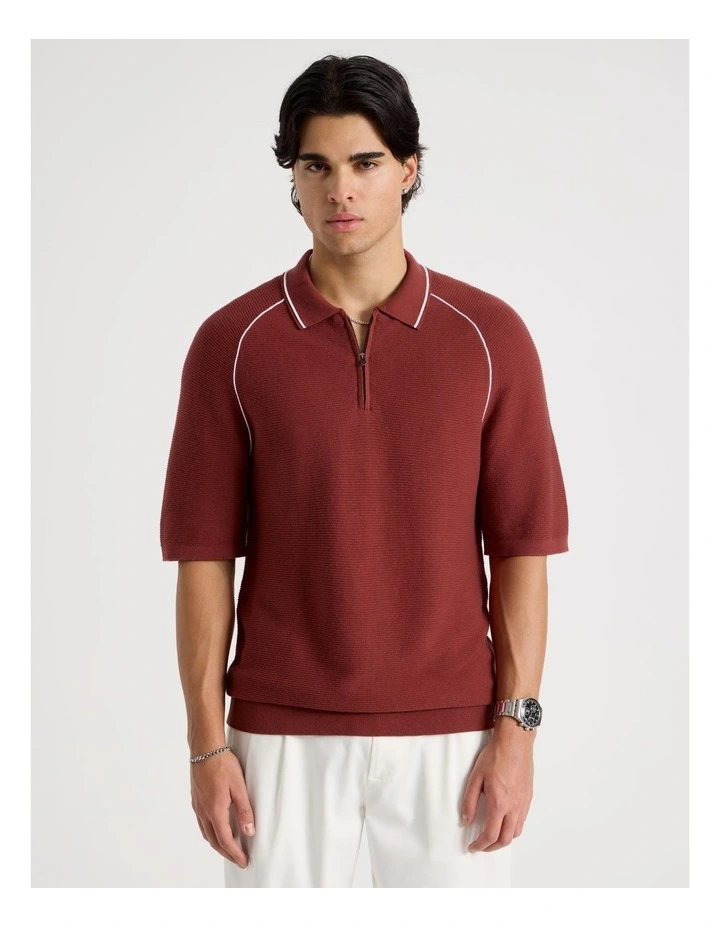 Seam Detail Zip Polo in Rust image 5