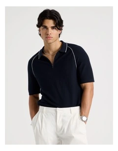 Seam Detail Zip Polo in Navy
