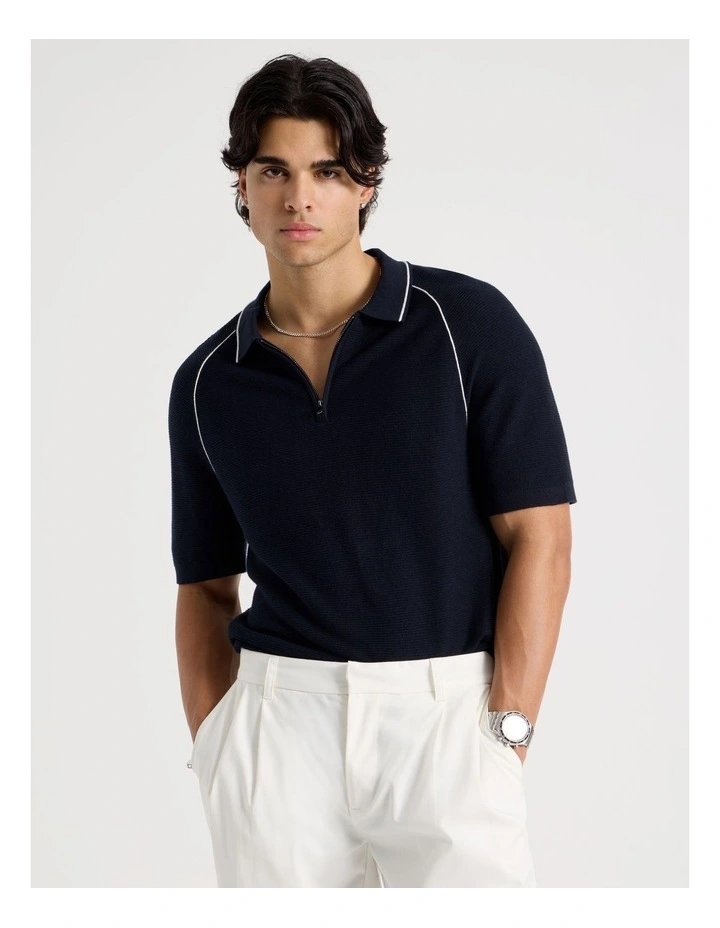 Seam Detail Zip Polo in Navy image 1
