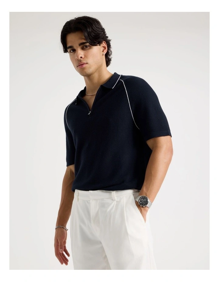 Seam Detail Zip Polo in Navy image 3